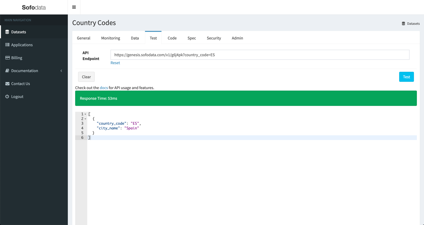 Sofodata Country Codes Test Page Example Query Parameters Screenshot