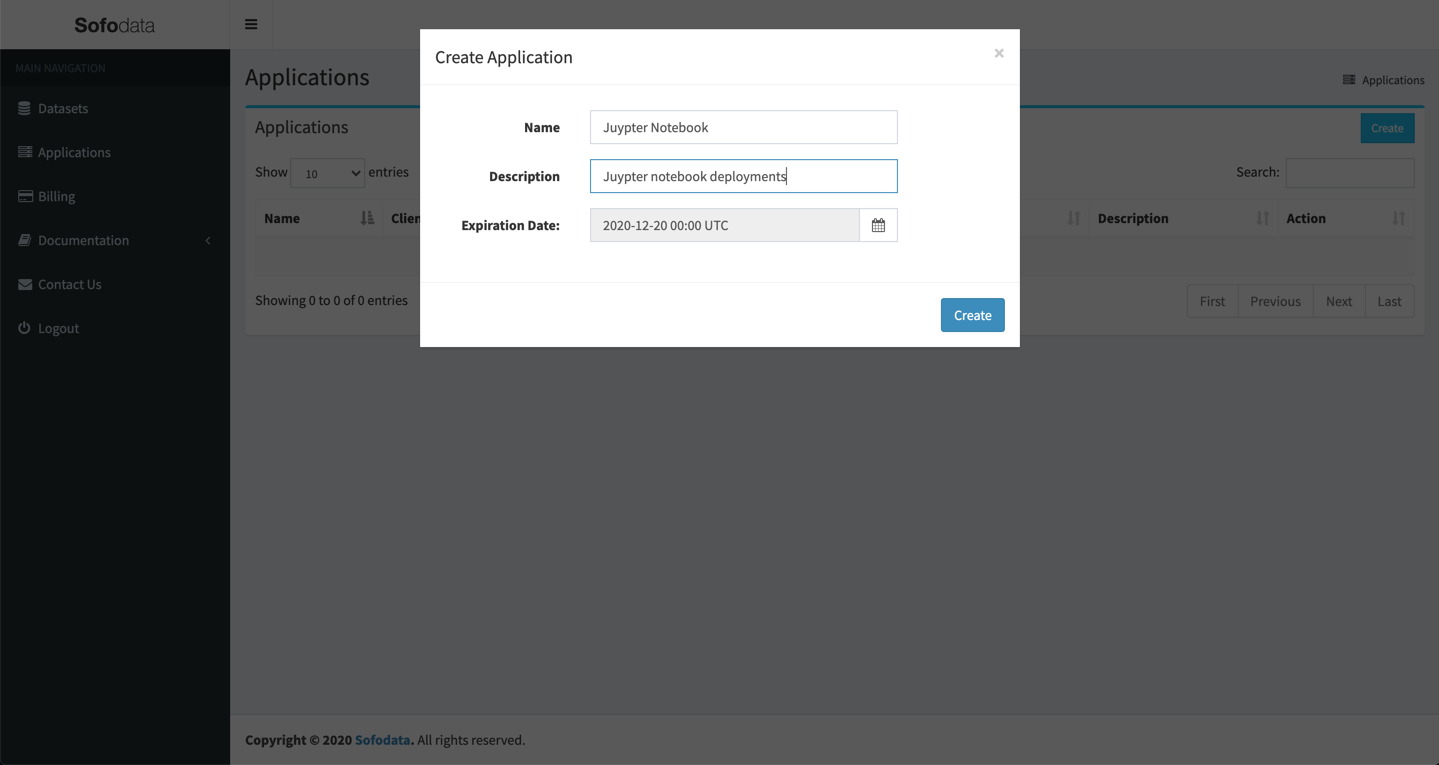 Sofodata Jupyter Notebook Application Credentials