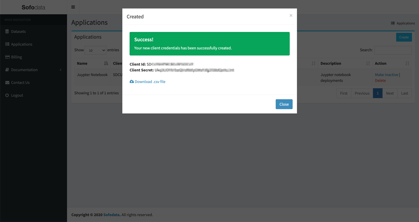 Sofodata Jupyter Notebook Application Credentials Success
