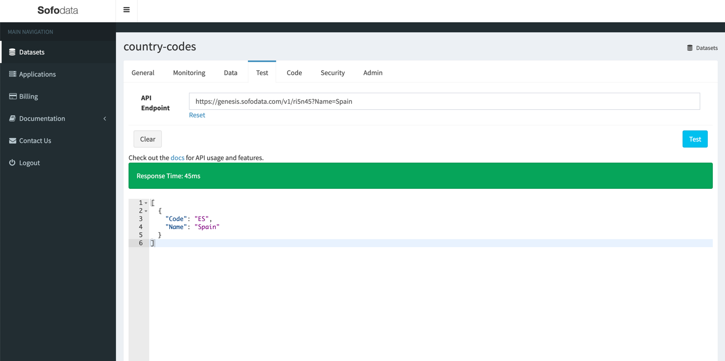 Sofodata Testing API Example Query Parameters Screenshot