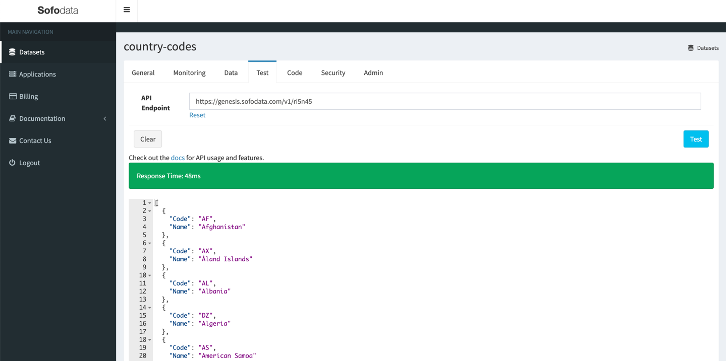 Sofodata Testing API Screenshot